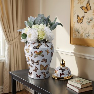 Decorative Butterfly Ceramic Temple Jar with Lid for Living Room Decor - Versatile Jar or Vase for Room, House, and Table Decor - Multi - 1 of 4