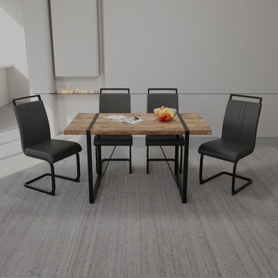 NicBex Dining Table Set for 4 Rustic Counter Height Table with Wooden Tabletop, Geometric Legs and 4 PU Chairs for Kitchen
