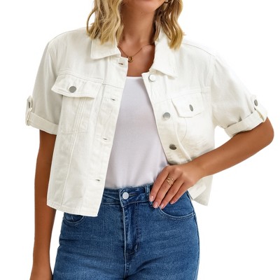 INSPIRE CHIC Women's Turndown Collar Short Sleeve Button Denim Jacket