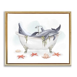 Stupell Industries Relaxing Dolphins Swimming Bathtub Nautical Starfish Black Floater Framed Canvas Wall Art - 1 of 4