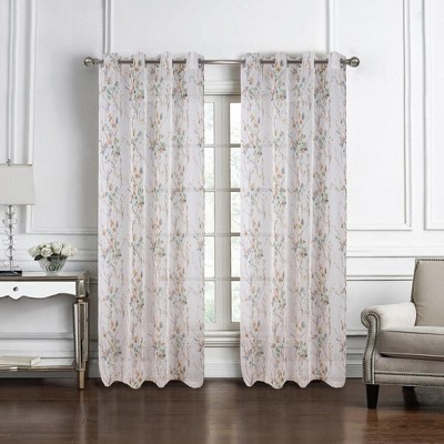 Sage Floral Sheer Light-Filtering Grommet Window Curtain Panels, 54" x 90"
