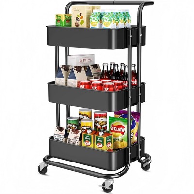 Infurnic Utility Storage Carts Easy Install 3-Tier Utility Cart with Wheels Handle Secure Baskets Mesh Bottom, Black, 42.50"*32.00"*10.00"