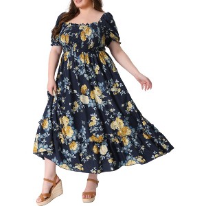 Women's Plus Size Floral Smocked Waist Tiered Square Neck Short Sleeve Casual Maxi Dresses - Agnes Orinda - 1 of 4