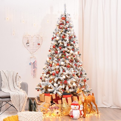 Tangkula 7.5 Ft Snow Flocked Christmas Tree Hinged Pine Tree With Solid ...