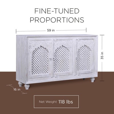 Patrin Distressed White Wooden Sideboard with Carved Doors
