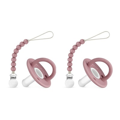 Image of Lulababe Pacfier and Clip Set - Soft Medical Grade Silicone Paci and Clip Holder Newborns and Infants - Plum + Clear, Stage 1  (0-6m) - 2 Sets