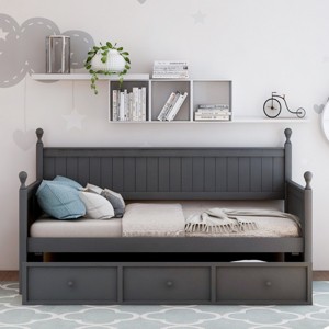 Twin Size Daybed with Storage Drawers,  Solid Wood Frame Bed with Slatted Panels for Bedroom-Baofuwish - 1 of 4