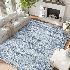 10x13 Area Rugs for Living Room Washable, Soft Vintage Damask Distressed Large Bedroom Rugs Boho Abstract Indoor Floor Carpet, Blue - 1 of 4
