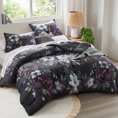Dark Gray and Plum Floral Cotton Full Comforter Set