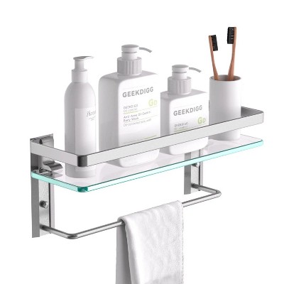 LunaLulinlk Bathroom Shelf With Towel Bar, Wall Mounted Glass Shower Rack 15.2 By 4.5 Inches
