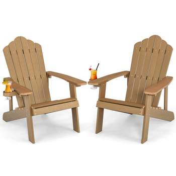 Tangkula 2PCS Adirondack Chair HIPS Adirondack Chair w/Cup Holder Realistic Wood Grain Weather Resistant Outdoor Chair for  380 LBS Weight Capacity Black/Navy/White/Teak/Dark Green/Red/Light Grey/Yellow