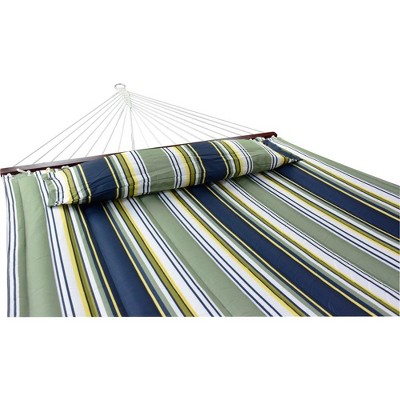 Dark Green Striped Cotton Outdoor Hammock with Steel Stand