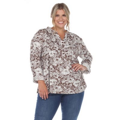 Womens Plus Pleated Long Sleeve Floral Print Blouse Brown 2X - White Mark