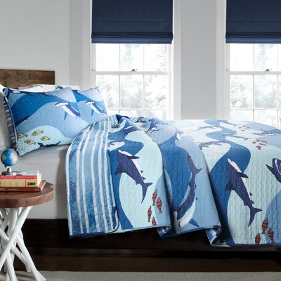 Blue Cotton Twin Reversible Shark Quilt Set