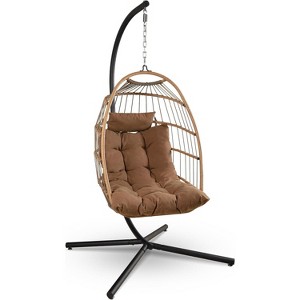 SereneLife SWC55B.5 Hanging Egg Swing Chair with Stand - Rattan Wicker Egg-Shaped Swing, Waterproof Seat Cushion, and Headrest (Brown) - 1 of 4
