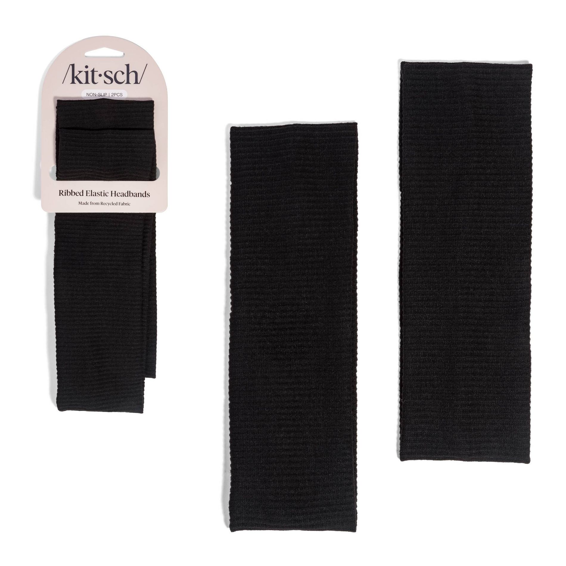 Kitsch Recycled Fabric Ribbed Elastic Headbands - Black - 2ct