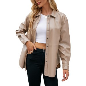 Women Faux Leather Shacket Moto Biker Shirts Loose Fit Blazer Long Sleeves Button Casual Jacket - 1 of 4