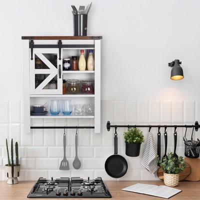 Kitchen Storage Cabinets with Sliding Barn Door & Adjustable Shelf, Wall Mounted, Storage Cupboard