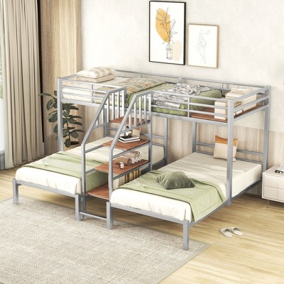 NicBex Twin Bunk Bed Triple with Storage Stairs Metal Rack Bed Frame with Full Length Guardrail for Multiple People, No Spring Box Required