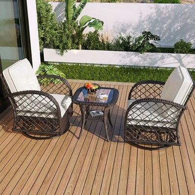 2-Person Outdoor Rattan Chat Set with Swivel Chairs and Glass Table, Weather-Resistant Cushions for Patio or Balcony Use - Coolbibila