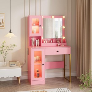 Vanity Desk with Mirror and Lights, Makeup Dressing Table w/Adjustable Bulbs, Outlets & USB Ports, Sturdy MDF Top & Metal Leg, for Bedroom - 1 of 4