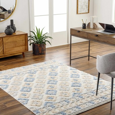 Light Gray and Blue Polyester Shag Rectangle Area Rug 5'3" x 7'