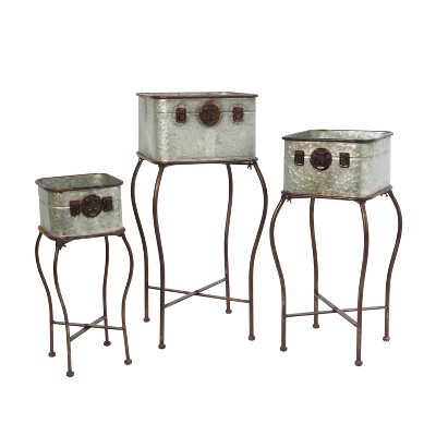 Gerson International Galvanized Metal Antique-Style Plant Holders with Stands,Set of 3