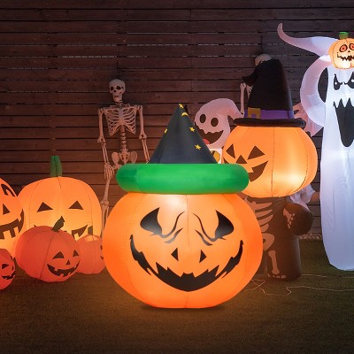 Tangkula Halloween Decoration 4 Ft Blow-up Inflatable Pumpkin With Witch Hat LED Bulbs Yard