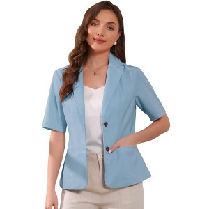 INSPIRE CHIC Women's Cotton Linen Button Office Business Short Sleeve Blazer Jacket - 1 of 4