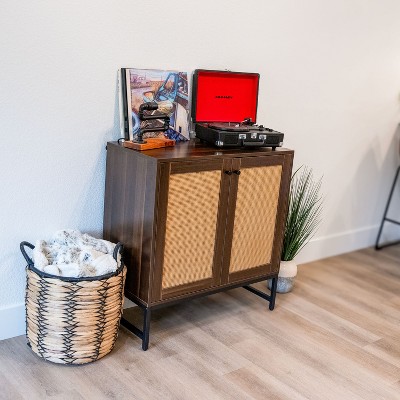 Dark Brown MDF and Rattan 2-Door Office Cabinet with Adjustable Shelving