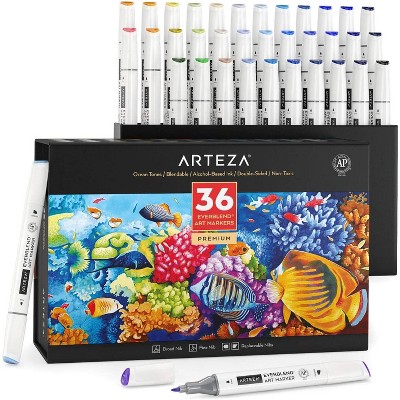 Arteza Professional Everblend Dual Tip Ultra Artist Brush Sketch Markers, Ocean Tones, Alcohol-Based, Replaceable Tips - 36 Pack (ARTZ-2030)