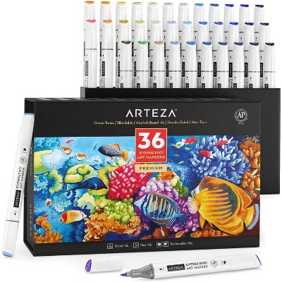 Arteza Professional Everblend Dual Tip Ultra Artist Brush Sketch Markers, Ocean Tones, Alcohol-Based, Replaceable Tips - 36 Pack (ARTZ-2030)