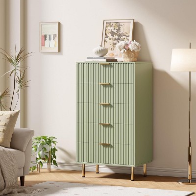 Fluted 5-Drawer Tall Dresser, Modern Wooden Storage Chest with Deep Drawers & Wide Top, Bedroom Organizer for Living Room, Hallway, Kids' Room