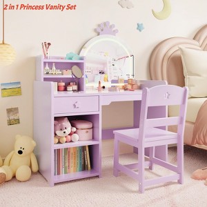 Girls Vanity w/Lights 2 in 1 Princess Makeup Vanity Desk Toddler Vanity Table & Chair Set w/ Open Bookshelf Storage Cabinet - 1 of 4