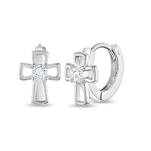 Girls' Open CZ Cross Hoop Sterling Silver Earrings - In Season Jewelry - 1 of 4