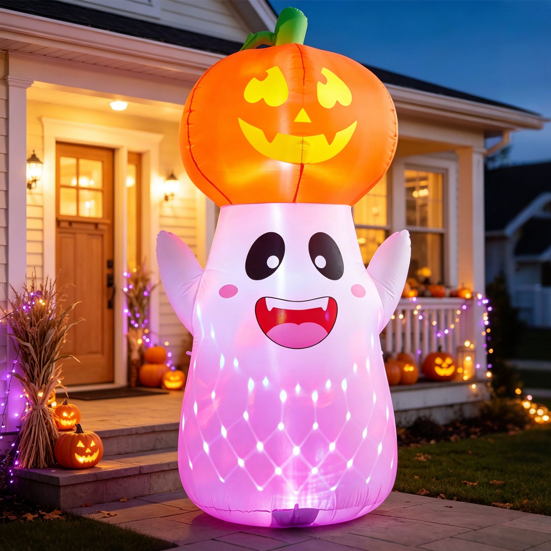 Joyfy 5FT Halloween Inflatable Outdoor Decoration, Cute Blow Up Ghost Pumpkin with Rotating Flashing Lights for Indoor Outdoor Lawn Yard Garden Decor