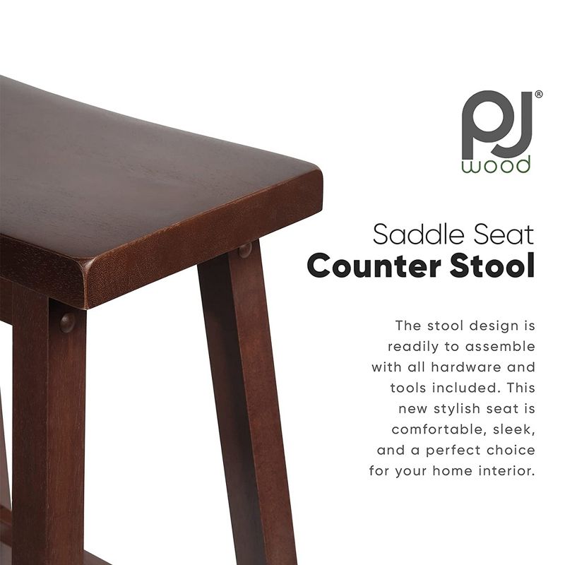 PJ Wood Classic Modern Solid Wood 24 Inch Tall Backless Saddle-Seat Easy Assemble Counter Stool for All Occasions, Walnut (1 Piece), 2 of 7