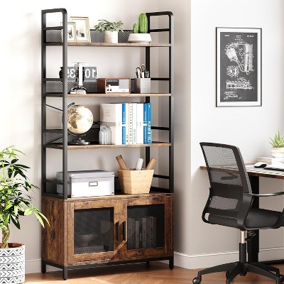 COUCHETA Industrial Bookcase with Doors - 4-Tier Rustic Bookshelf with Mesh Cabinet, 71"H x 31.5"W x 12"D, Farmhouse Brown