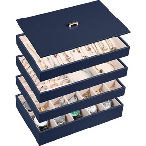 Set of 4 Stackable PU Leather Jewelry Trays with Lids, Drawer Organizer Inserts for Earrings & Watches, Black - 1 of 4