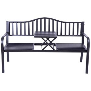Outdoor Powder Coated Steel Park Bench, Garden Bench with Pop Up Middle Table, Lawn Decor Seating Bench for Yard, Patio, Garden, Balcony, and Deck - 1 of 4