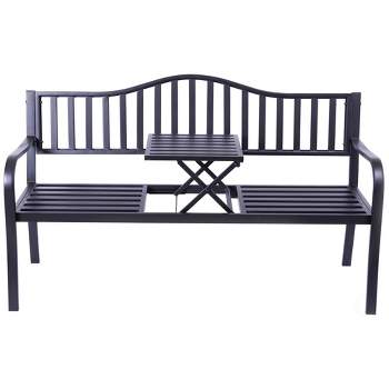 Outdoor Powder Coated Steel Park Bench, Garden Bench with Pop Up Middle Table, Lawn Decor Seating Bench for Yard, Patio, Garden, Balcony, and Deck