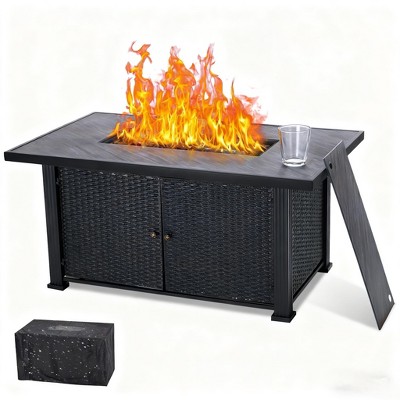 Fire Pit Table, 57'' 50,000BTU Outdoor Propane Gas Fire Pit – Steel Frame with Glass Wind Guard/Cover/Rain Cover for Patio Garden Deck