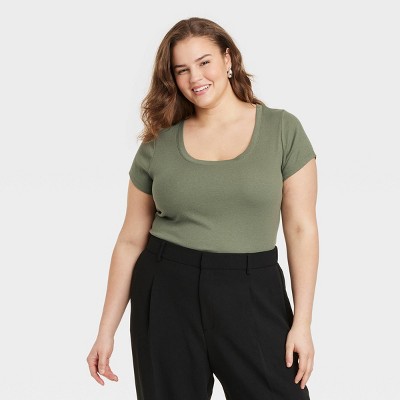 Women's Slim Fit Short Sleeve Ribbed Scoop Neck T-Shirt - A New Day™