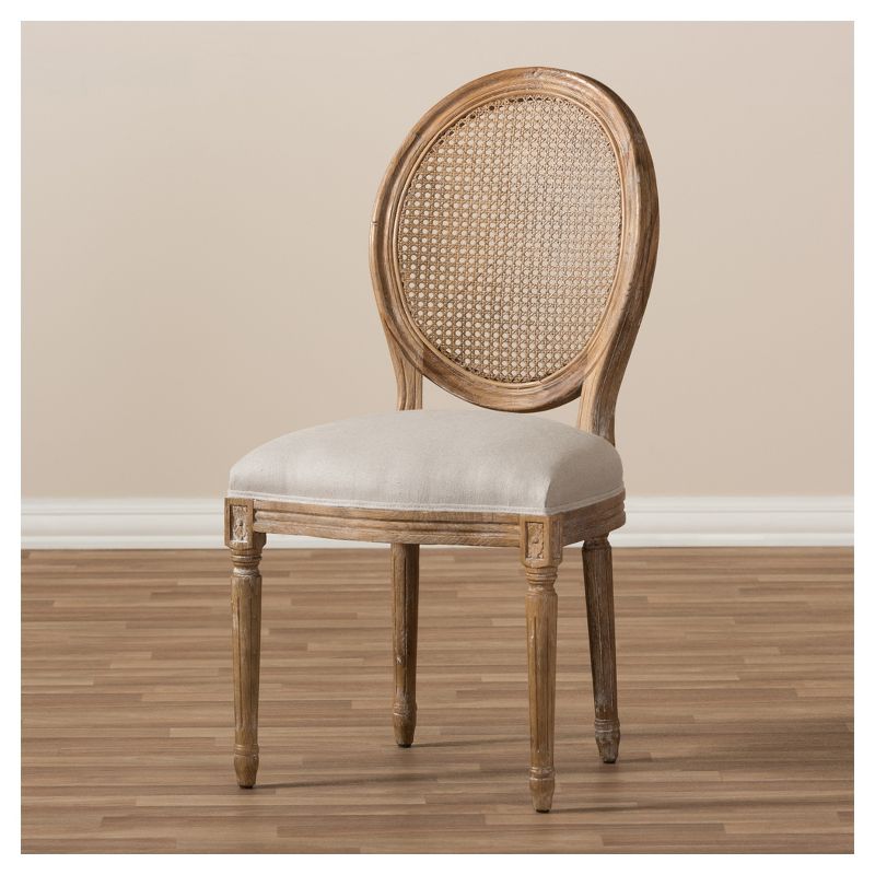 Adelia French Vintage Cottage Weathered Oak Wood Finish and Fabric Upholstered Dining Side Chair with Round Cane Back - Beige - Baxton Studio, 5 of 7