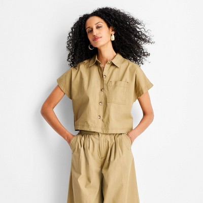 Women's Cap Sleeve V-Neck Button-Down Shirt - Future Collective Khaki S