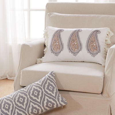 Tamsin Grey and Off-White Embroidered Rectangular Pillow