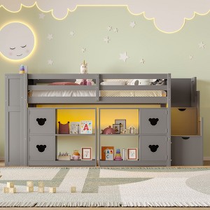 Whisen Twin Low Loft Bed with Storage Headboard and Shelves - 1 of 4