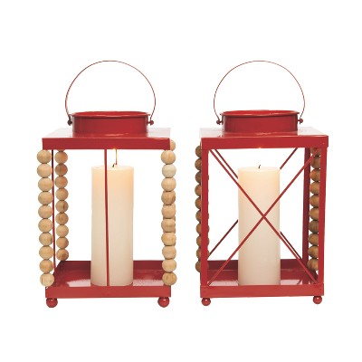 Transpac Metal Red Beaded Lantern Set of 2 Christmas Home Decorations