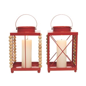 Transpac Metal Red Beaded Lantern Set of 2 Christmas Home Decorations - 1 of 4