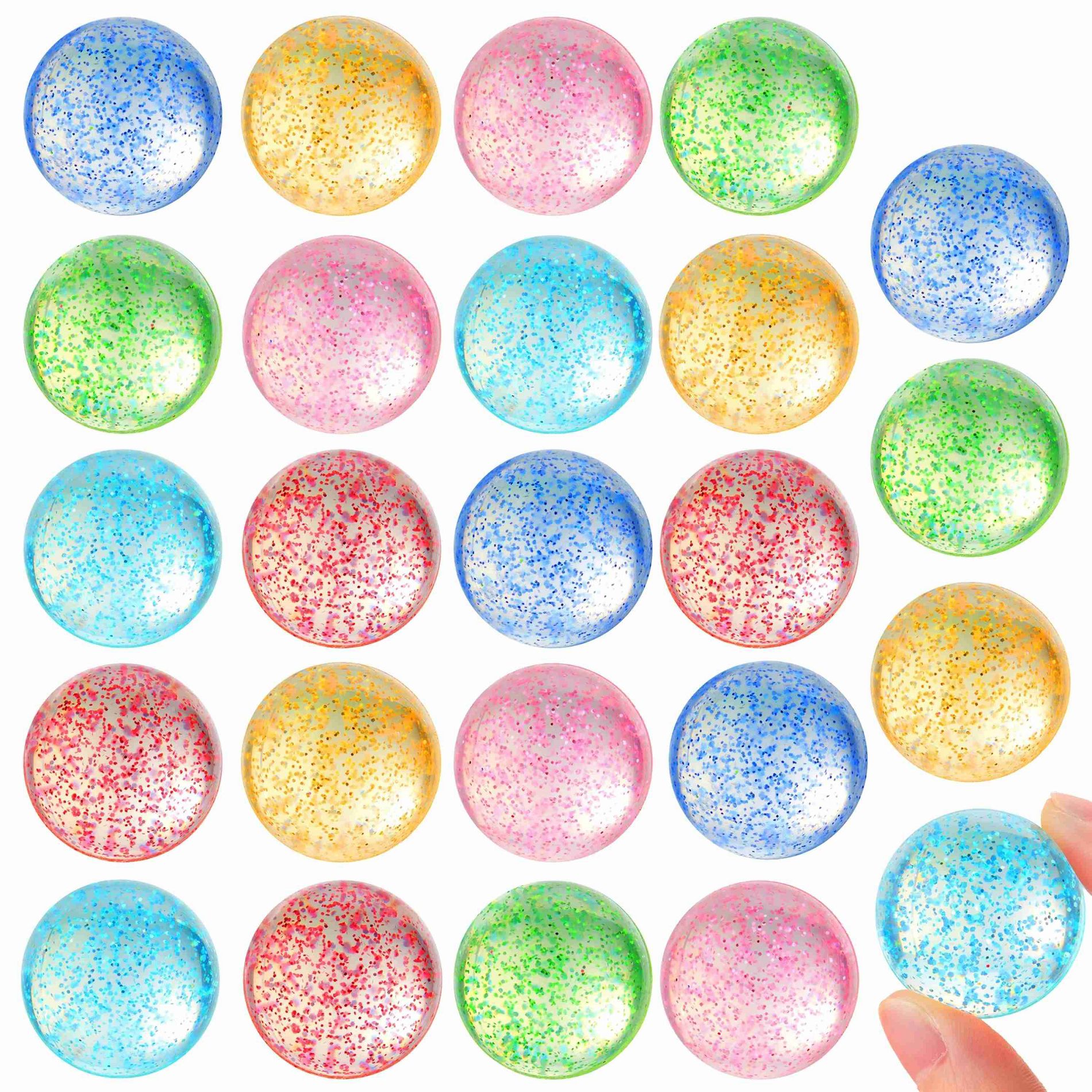 Joyfy 24 Pcs Glitter Bouncing Balls for Kids Party Favors 6 Styles 32mm Assorted Bouncy Balls Storage Bag Small Gift for Prize Box Toys Pinata Stuffer